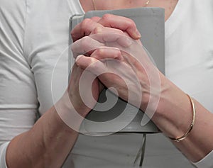 Praying to God with hand together with people stock photo