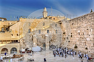 Praying at the Western `Wailing` Wall of Ancient Temple Jerusalem Israel