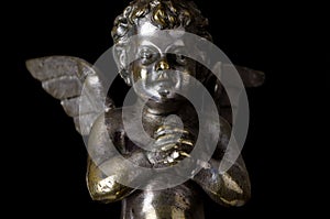 Praying winged putto on black background