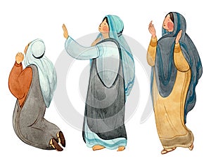 Praying women, myrrh-bearing wives, isolated on white background figures of Christians.