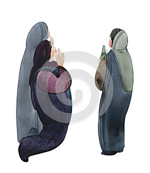 Praying women, myrrh-bearing wives, isolated on white background figures of Christians. For Christian publications, magazines, photo