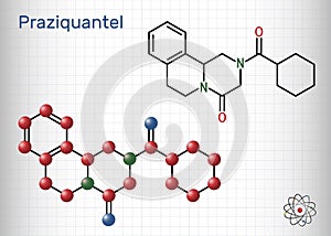 Praziquantel, PZQ, molecule. It is anthelmintic drug for treatment cysticercosis, schistosome, cestode and trematode