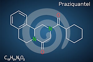 Praziquantel, PZQ, molecule. It is anthelmintic drug for treatment cysticercosis, schistosome, cestode and trematode