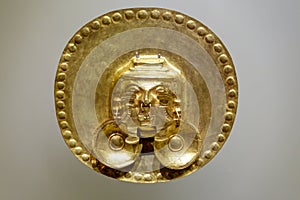 Pre-Columbian gold artifact in the Museo del Oro. Famous Gold Museum, Bogota, Colombia.