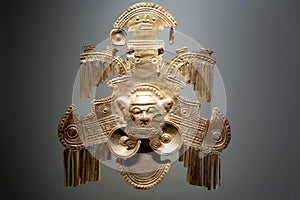 Pre-Columbian gold artifact in the Museo del Oro. Famous Gold Museum, Bogota, Colombia.