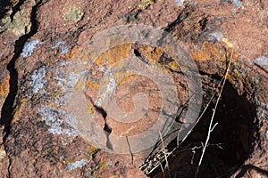 Pre Columbian mortar holes carved into rock,Sand road, rock formations eroded in the Talampaya Canyon National Park,