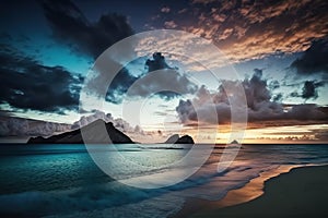 Pre-dawn view of the Moku islands at Lanikai Beach, Oahu, Hawaii stock photo Beach, Cloud - Sky, Coastline, Color Image, Dawn, AI