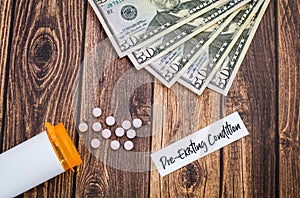 Pre-Existing Condition healthcare concept is expensive concept with pills and money, flat lay