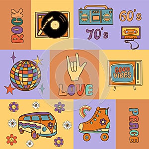 Pre-made poster with retro elements, vector set with groovy symbols
