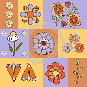 Poster with retro flowers, vector set with groovy colorful retro floral elements, moths and lady bugs