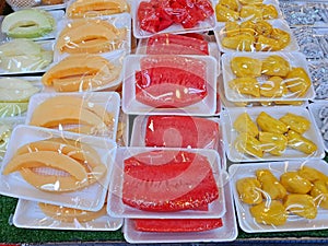 Pre packed cut fruit on sale in a supermarket