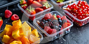 Pre packed fresh fruit selections in plastic containers, convenience for on the go snacking, nutritious.
