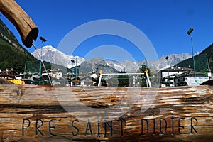 Pre` Saint Didier :The chain of Mont Blanc left, to follow the Grandes Jorasses and the Giant`s Tooth.Valle d`Aosta-Italy.