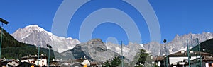 Pre` Saint Didier :The chain of Mont Blanc left, to follow the Grandes Jorasses and the Giant`s Tooth.Valle d`Aosta-Italy.