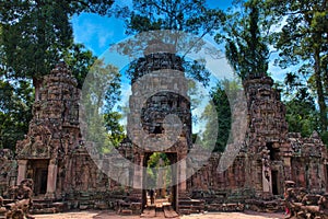 Preah Khan Temple site among the ancient ruins of Angkor Wat Hindu temple complex in Cambodia