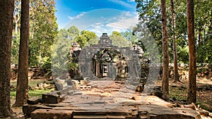 Preah Khan Temple site among the ancient ruins of Angkor Wat Hindu temple complex in Cambodia