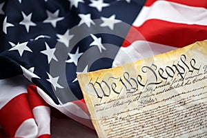 Preamble to the Constitution of the United States and American Flag close up photo