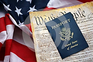 Preamble to the Constitution of the United States with passport and American Flag