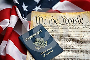 Preamble to the Constitution of the United States with passport and American Flag