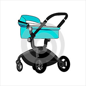 Preambulator, Pram, Baby Buggy, Go-cart, Baby Carriage, Pusher, Carriage, Stroller, Pushchair For Boy. Modern flat Vector Image