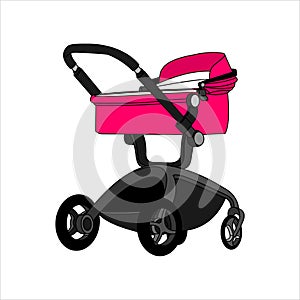 Preambulator, Pram, Baby Buggy, Go-cart, Baby Carriage, Pusher, Carriage, Stroller, Pushchair For Girl. Modern flat Vector Image