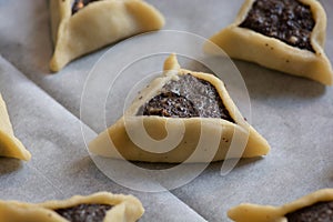 Prebaked `Haman pockets`, also known as Hamantashen, an Ashkenazi Jewish triangular filled-pocket cookies, usually associated with