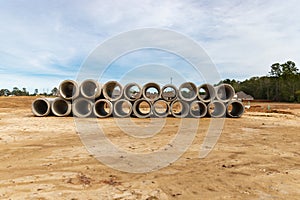 Concrete drainage pipes on contruction site of new home development