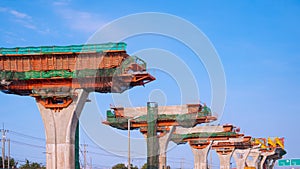 Precast segmental assembly box girder formwork on elevated expressway column structure in road construction site