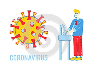 Precautionary Hygienic Measures for Coronavirus Protection Concept. Man Washing Hands in Bathroom with Huge Ncov Cell photo