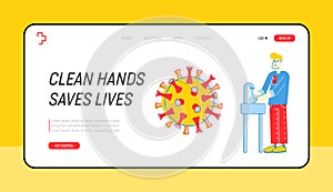 Precautionary Hygienic Measures for Coronavirus Protection Website Landing Page. Man Washing Hands in Bathroom