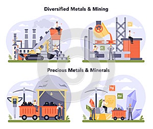 Precios metal and minerals, non-ferrous metal and mining set. Steel photo