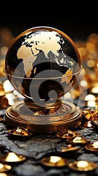 A precious black and gold globe framed by a heap of gold coins