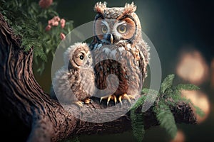 A Precious Bond: An Endearing Portrait of a Mother and Baby Owl. Generative Ai