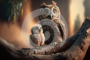 A Precious Bond: An Endearing Portrait of a Mother and Baby Owl. Generative Ai