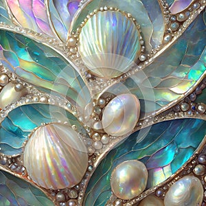 Precious decoration of luminous and iridescent mother of pearl with pearls and platinum ornaments.