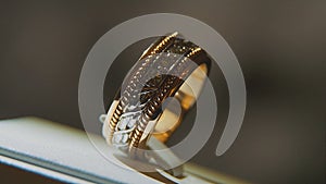 Precious diamond rings. Fine luxury diamond jewellery window display with ring pedant. Gold ring with brilliant isolated