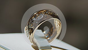 Precious diamond rings. Fine luxury diamond jewellery window display with ring pedant. Gold ring with brilliant isolated