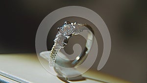 Precious diamond rings. Fine luxury diamond jewellery window display with ring pedant. Gold ring with brilliant isolated