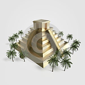 Precious golden metal Mexican Mayan Aztec Pyramid, high quality render isolated. with palm trees