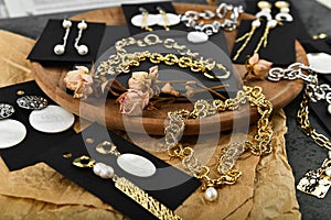 Precious metals for women. Jewelry for women. View from above