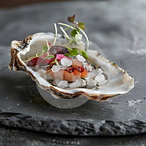 Precious Pearl Oyster Showcasing Exquisite Edible Gemstone on Slate Plate photo