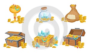 Precious Treasures Set, Crystals, Gems and Golden Coins in Chest, Sack, Goblet, Game User Interface Assets Vector