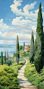 Precise Architecture Painting Of A Cypress Tree On The Road
