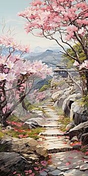 Precise Architecture Pink Blossoms And Rocks On A Mountain Path photo
