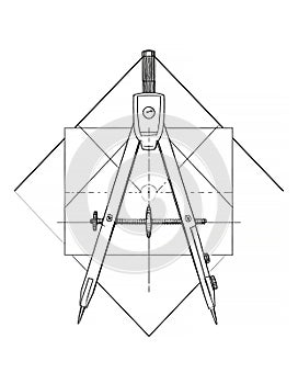 A precise black and white line drawing showcases a compass tool