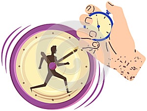 Precise device, stopwatch for measuring time during competition. Clock with image of runner, athlete