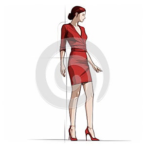 Precise Draftsmanship: Stunning Illustration Of A Female Model In A Red Dress