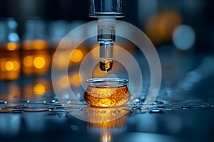 Laboratory Precision: Droplet Dispensing on Amber Liquid for Scientific Research Generative AI photo