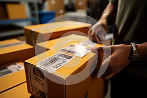 Precise office courier fixing address label on package in close-up view.