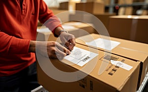 Precise office courier fixing address label on package in close-up view.